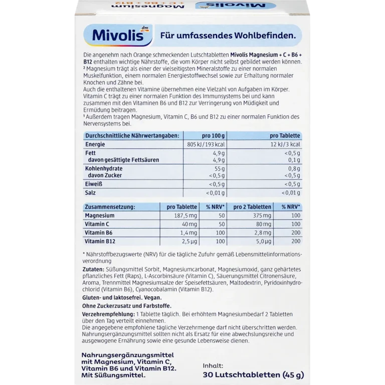 Mivolis Magnesium + Vitamin C + B6 + B12 Lozenges, 30 Tablets Mivolis Magnesium + Vitamin C, B6 & B12 Lozenges back with nutrition information