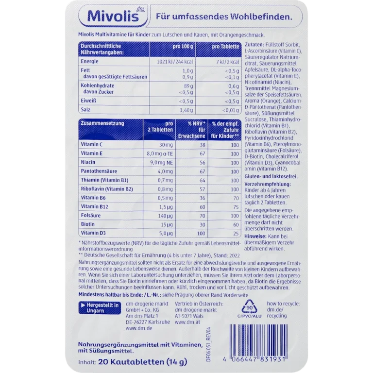 Mivolis Multivitamin Chewable Tablets for Children ingredients and nutrition facts