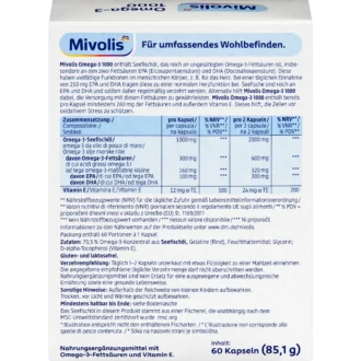 Mivolis Omega 3 capsules back packaging ingredients and information