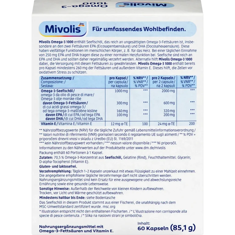 Mivolis Omega 3 capsules back packaging ingredients and information