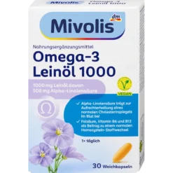 Mivolis Omega-3 Flaxseed Oil 1000 vegan capsules with ALA and vitamins, 30 capsules