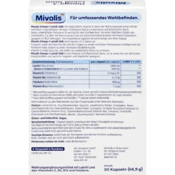 Mivolis Omega-3 Flaxseed Oil 1000 Capsules, 30 pc Mivolis Omega-3 Flaxseed Oil 1000 vegan capsules with ALA and vitamins, 30 capsules - Backside