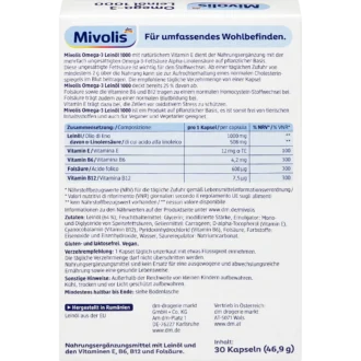 Mivolis Omega-3 Flaxseed Oil 1000 vegan capsules with ALA and vitamins, 30 capsules - Backside