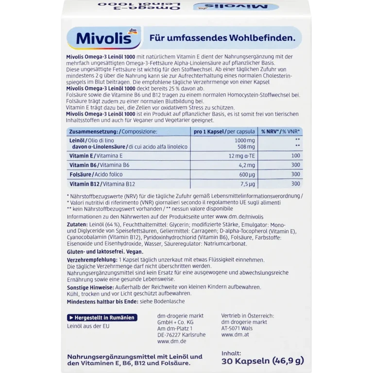 Mivolis Omega-3 Flaxseed Oil 1000 Capsules, 30 pc Mivolis Omega-3 Flaxseed Oil 1000 vegan capsules with ALA and vitamins, 30 capsules - Backside