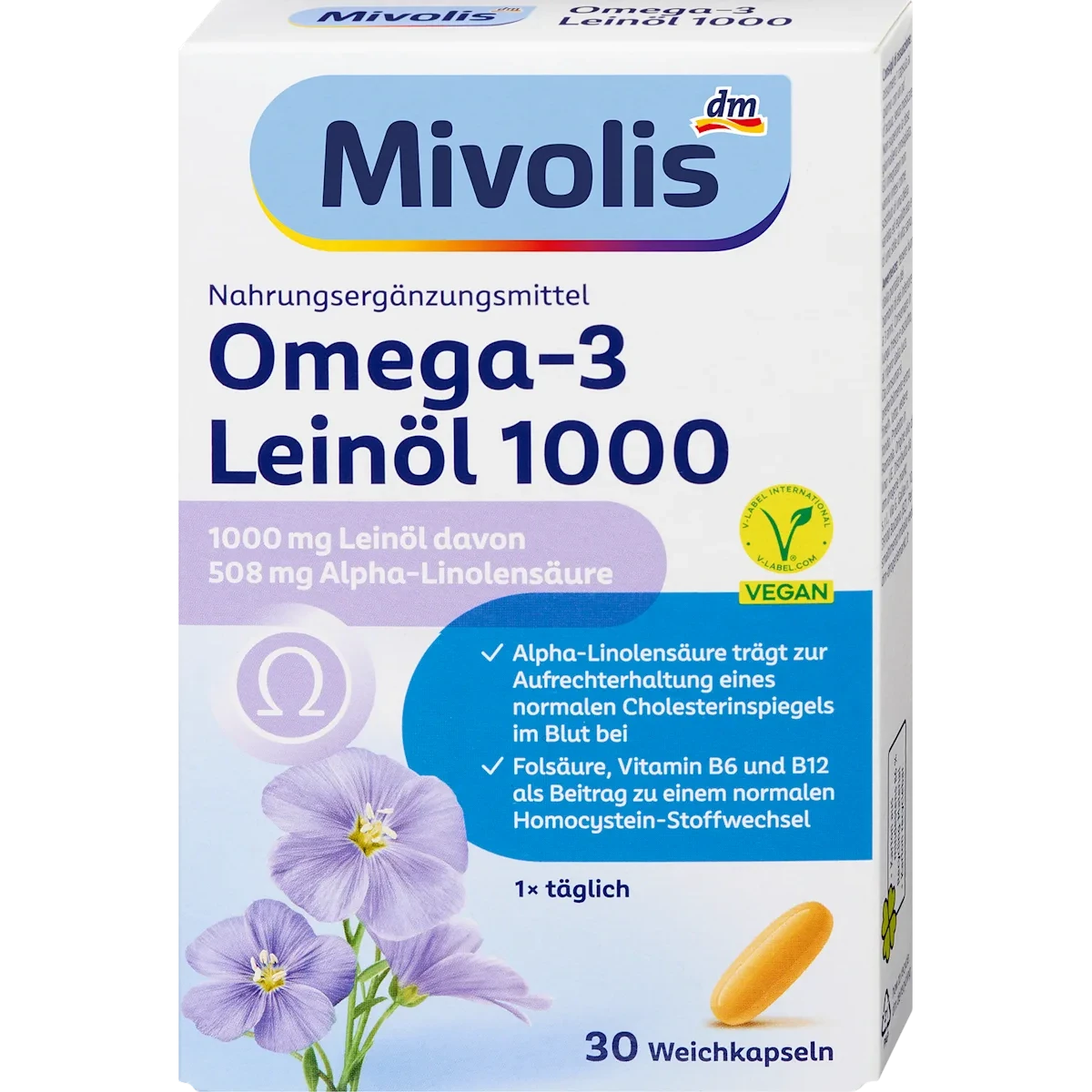 Mivolis Omega-3 Flaxseed Oil 1000 Capsules, 30 pc Mivolis Omega-3 Flaxseed Oil 1000 vegan capsules with ALA and vitamins, 30 capsules