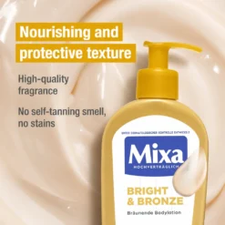 Mixa Bright & Bronze Gradual Tan Lotion, 250ml Creamy texture of Mixa Bright & Bronze bronzing body lotion with nourishing and protective formula for gradual self-tanning results.