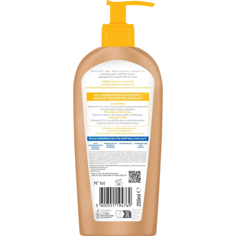 Mixa Bright & Bronze Gradual Tan Lotion, 250ml Mixa Bright Bronze body lotion ingredients and packaging back view