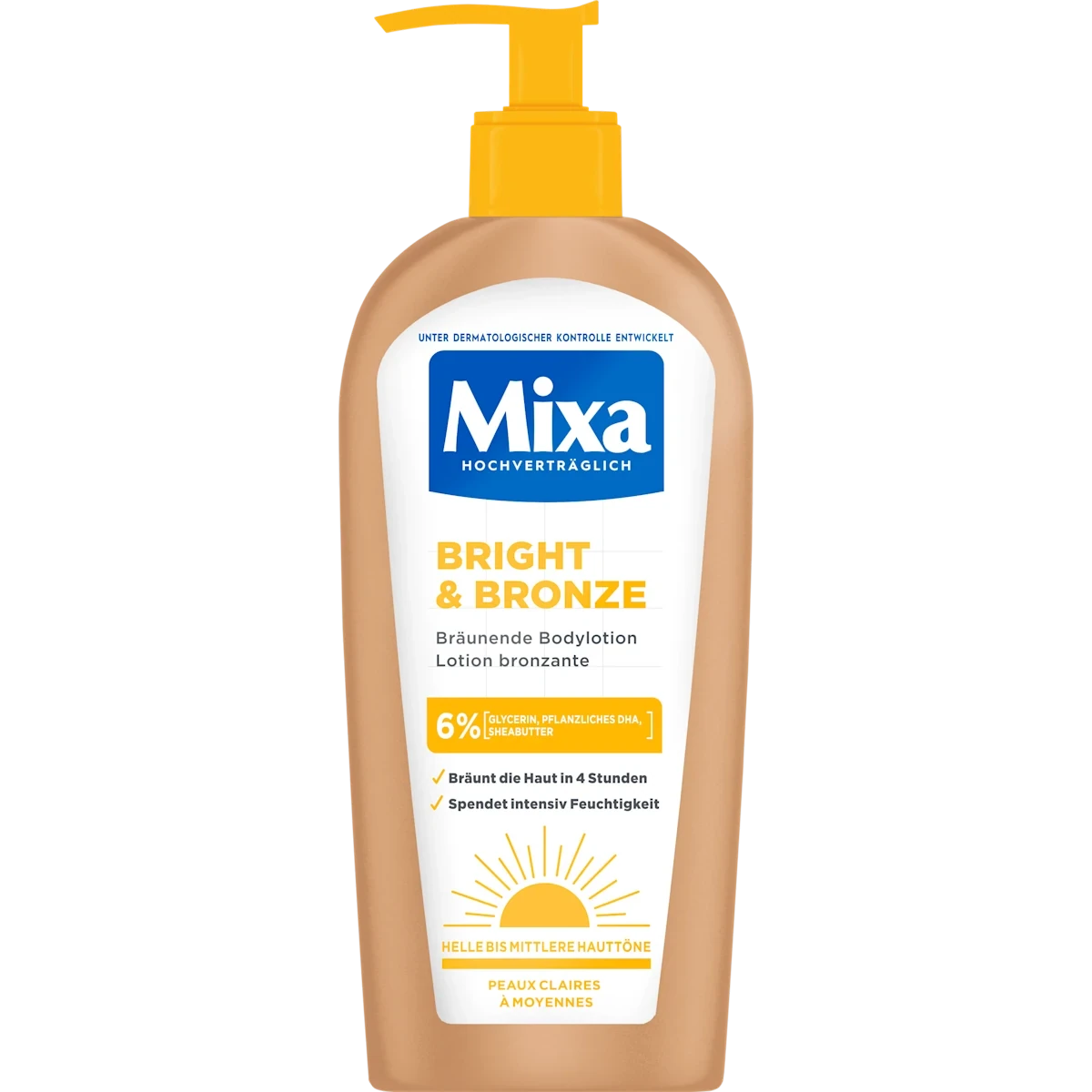 Mixa Bright & Bronze Gradual Tan Lotion, 250ml Mixa Bright Bronze self tanning body lotion with DHA for natural glow