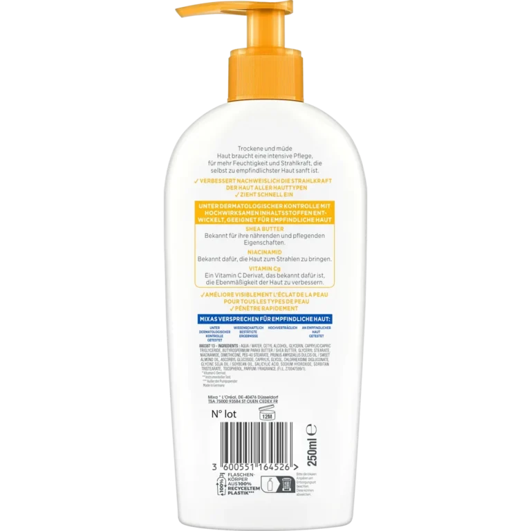 Mixa Niacinamide Bright body lotion ingredients and packaging back view