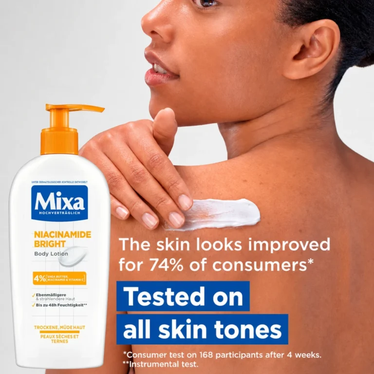 Light lotion texture of Mixa Niacinamide Bright for dry and sensitive skin - Benefits
