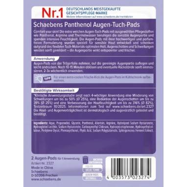 Schaebens Panthenol Eye Sheet Pads, 1 Pair Schaebens Panthenol Eye Sheet Pads packaging, back view