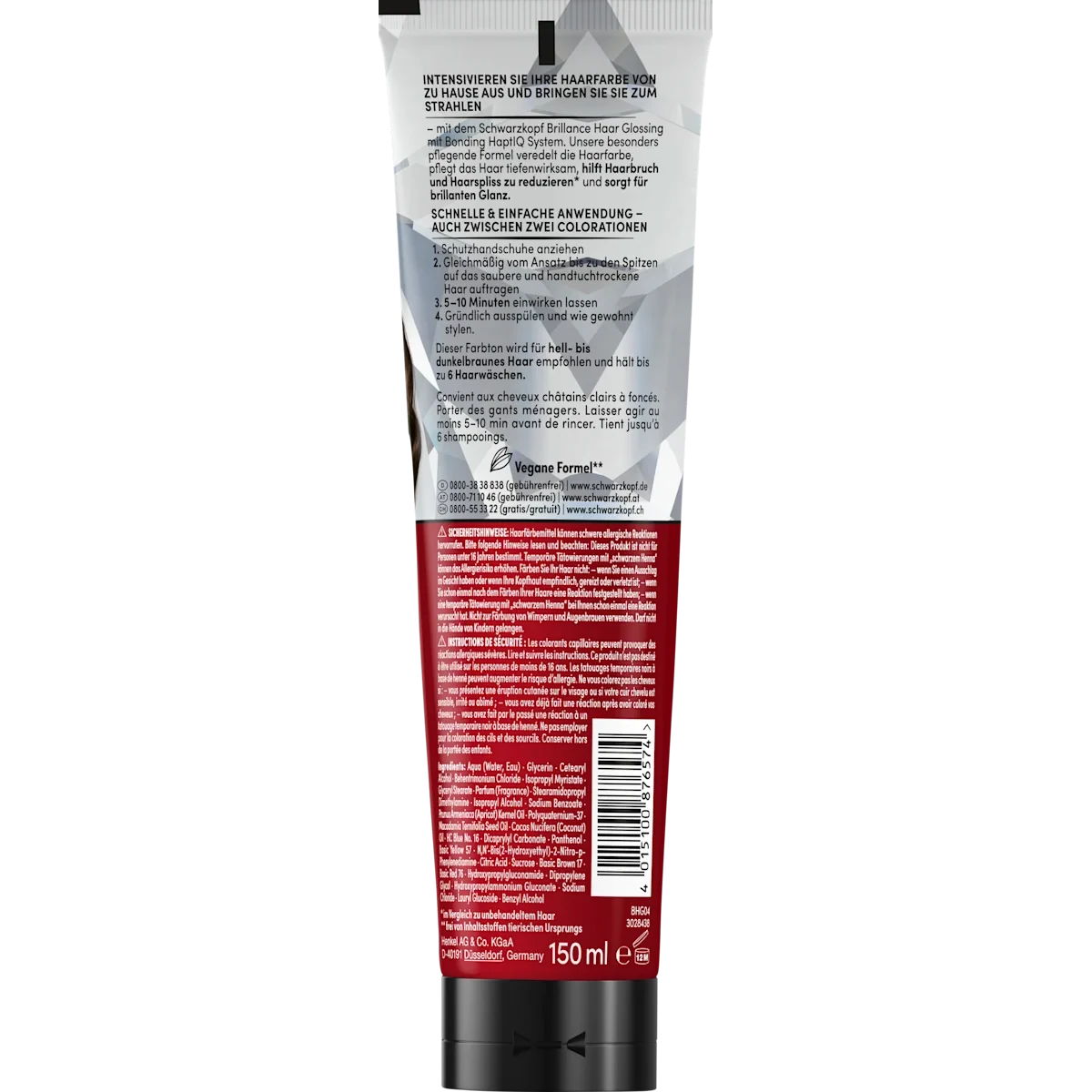 Schwarzkopf Brillance Chocolate Brown Hair Glossing, 150 ml Back of Schwarzkopf Brillance Chocolate Brown Hair Glossing 150 ml with directions
