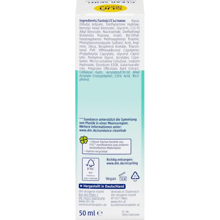 SUNDANCE Clear Skin Face Sun Serum SPF 50 back packaging ingredients and details