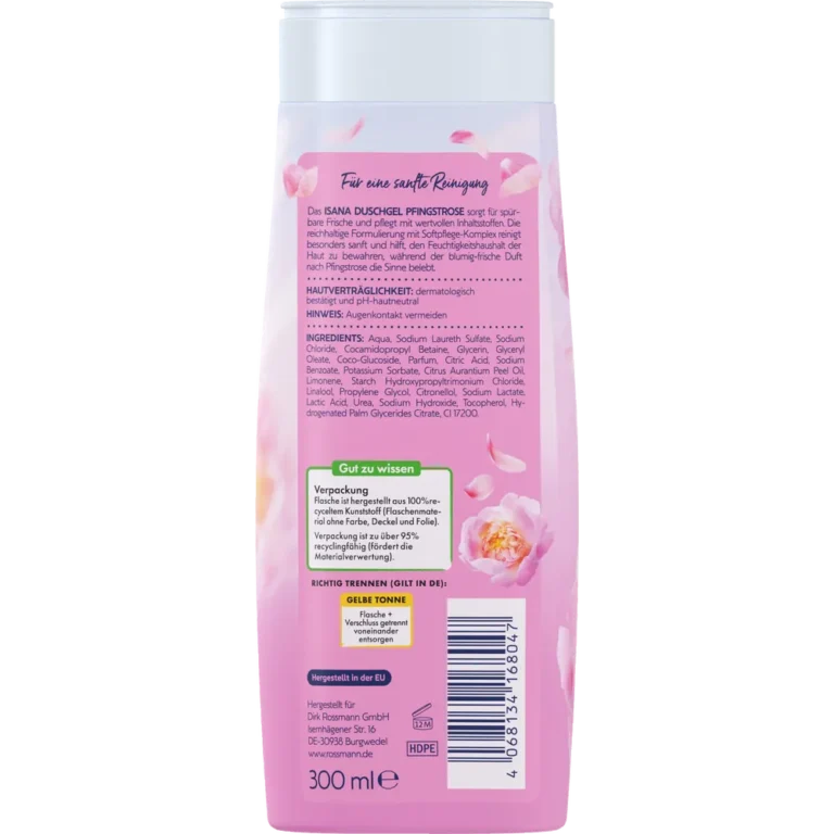 Isana Shower Gel Peony, 300ml ISANA Peony shower gel packaging back view