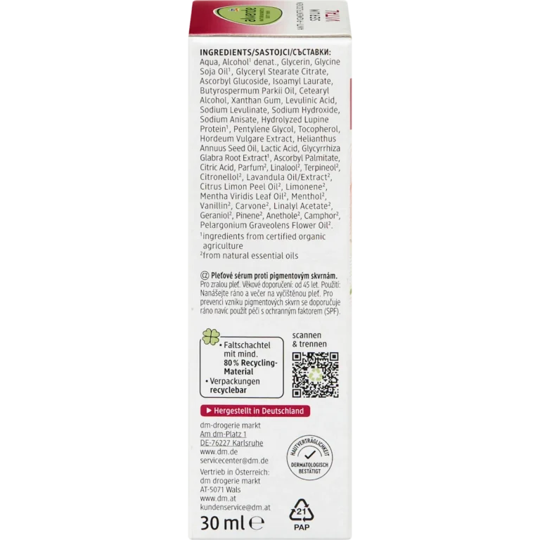 Alverde Vital Dark Spot Serum 30 ml back packaging with ingredients and directions