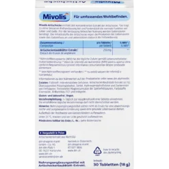 Mivolis Artichoke Tablets 30 Tablets back packaging with product information