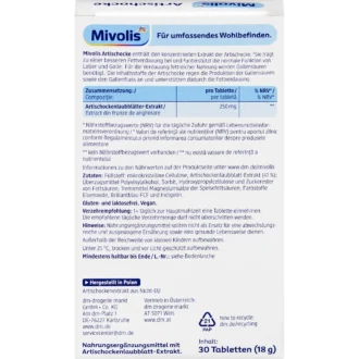 Mivolis Artichoke Tablets 30 Tablets back packaging with product information