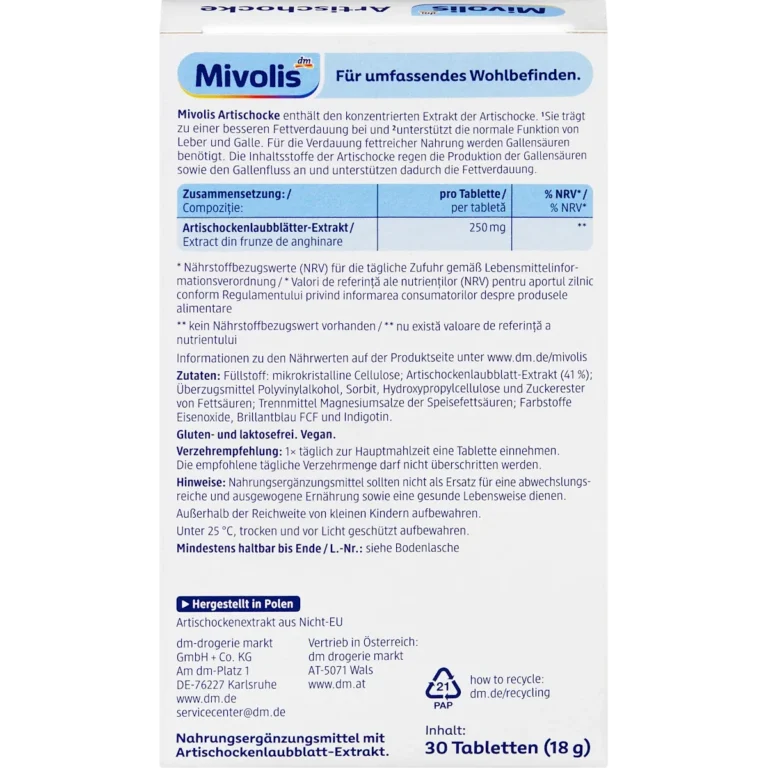 Mivolis Artichoke Tablets 30 Tablets back packaging with product information