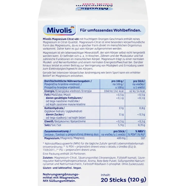 Mivolis Magnesium Citrate 400 Granules, 20 Sticks Mivolis Magnesium Citrate 400 Granules back packaging with product information