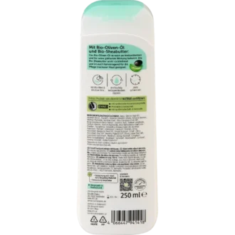 Back of alverde Olive & Aloe Vera Body Lotion 250 ml with ingredients and product information