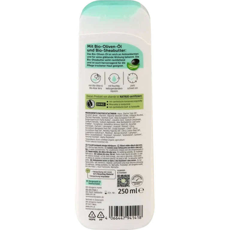 Back of alverde Olive & Aloe Vera Body Lotion 250 ml with ingredients and product information