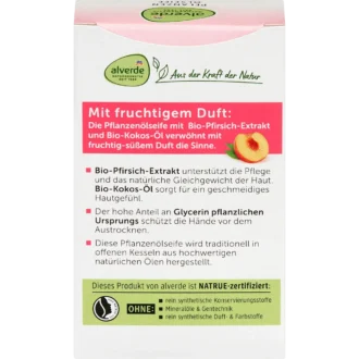 Back of Alverde Peach Plant Oil Soap 100 g showing ingredients and product information