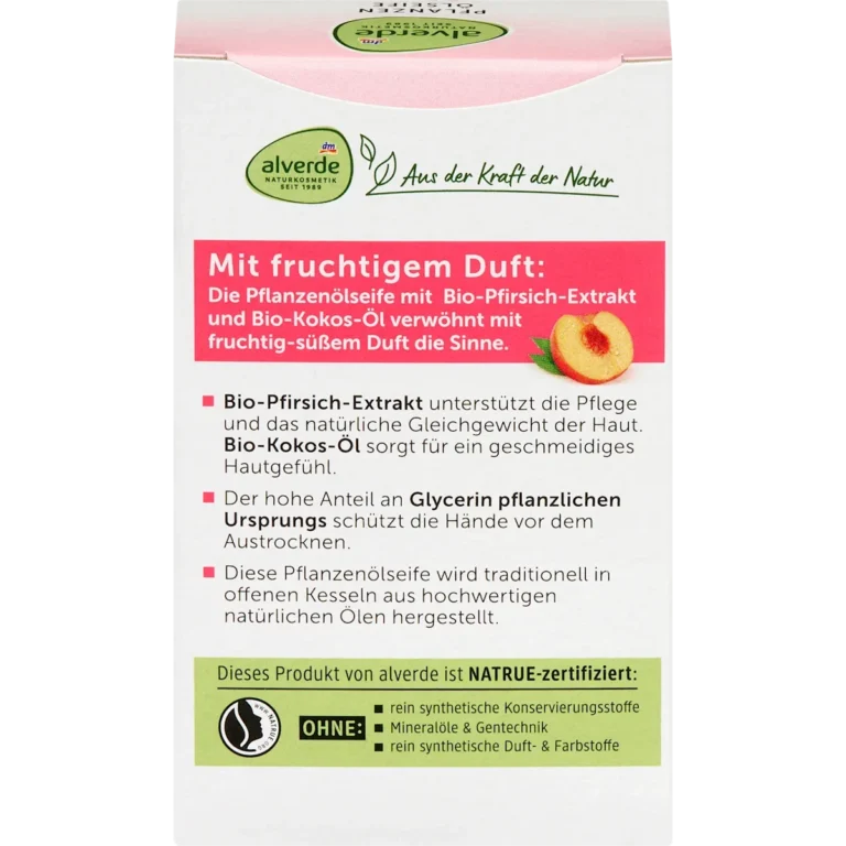 Alverde Natural Cosmetics Peach Plant Oil Soap, 100 g Back of Alverde Peach Plant Oil Soap 100 g showing ingredients and product information