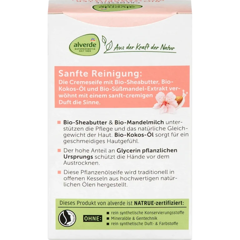 Back of Alverde Shea Butter & Almond Milk Cream Soap 100 g showing ingredients and product information