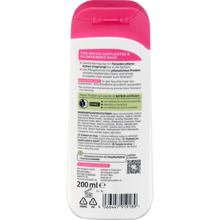 Alverde Shine Shampoo Organic Rose Blossom, 200 ml Back of alverde Shine Shampoo 200 ml with ingredients and usage information