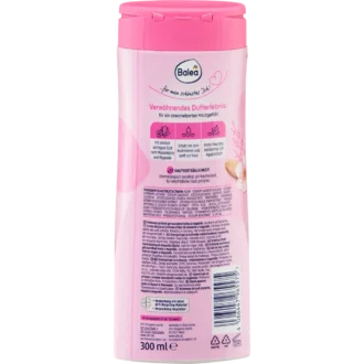 Back of Balea Almond Blossom & Magnolia Cream Shower Gel 300 ml showing ingredients and product information