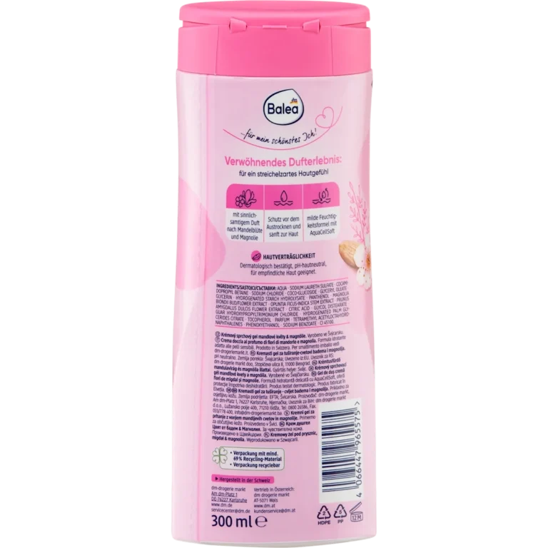 Balea Almond Blossom & Magnolia Cream Shower Gel, 300 ml Back of Balea Almond Blossom & Magnolia Cream Shower Gel 300 ml showing ingredients and product information