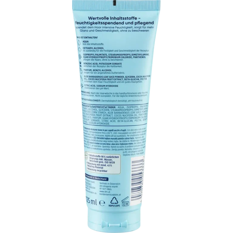 Balea Beauty Essentials Moisturizing Leave-In Care back with ingredients and directions