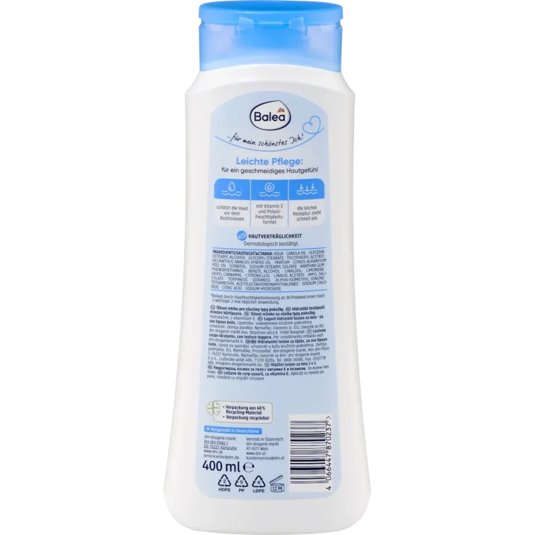 Back of Balea Lightweight Body Lotion 400 ml showing ingredients and product information