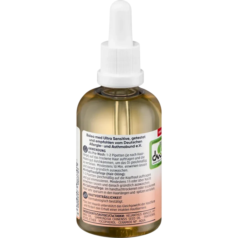 Balea MED Hair Oil Ultra Sensitive 3in1 back with ingredients and directions