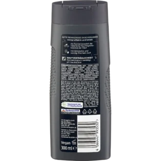 Back of Balea MEN Active Carbon 3-in-1 Shower Gel 300 ml showing ingredients and product information