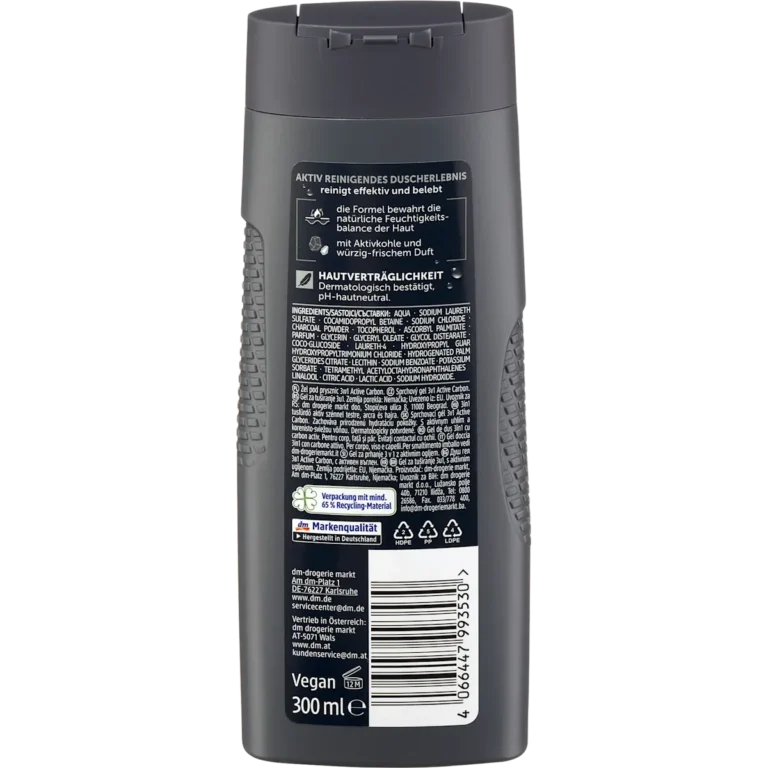 Back of Balea MEN Active Carbon 3-in-1 Shower Gel 300 ml showing ingredients and product information
