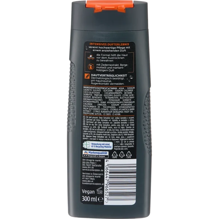 Balea MEN Deep Sensation 4-in-1 Shower Gel, 300 ml Back of Balea MEN Deep Sensation 4-in-1 Shower Gel 300 ml showing ingredients and product information