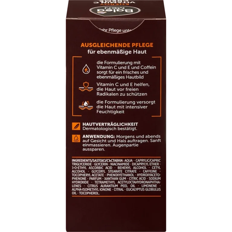 Back of Balea MEN Energy Vitamin C Face Cream 75 ml showing ingredients and product information