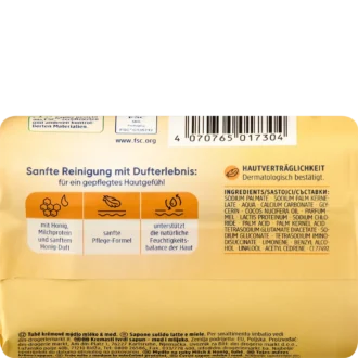 Back of Balea Milk & Honey Cream Soap 150 g showing ingredients and product information