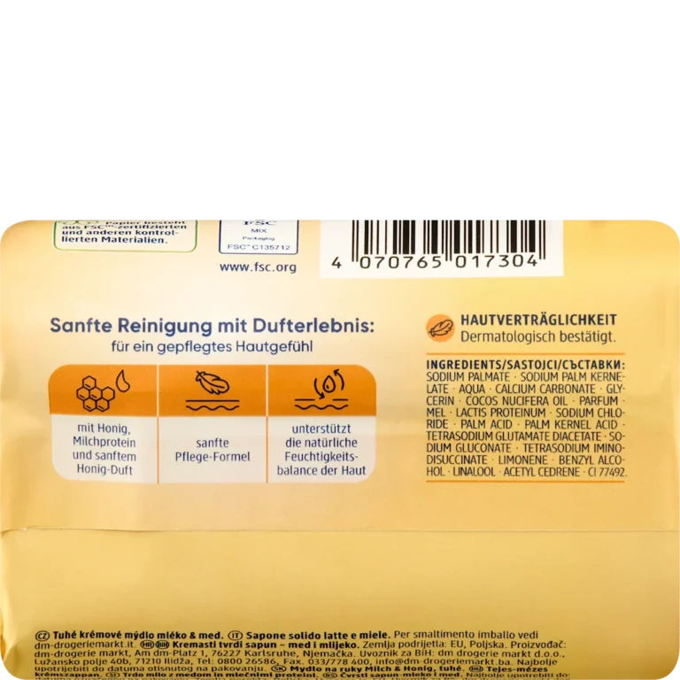 Back of Balea Milk & Honey Cream Soap 150 g showing ingredients and product information