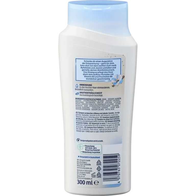 Back of Balea Pure Softness Shampoo 300 ml with ingredients and directions