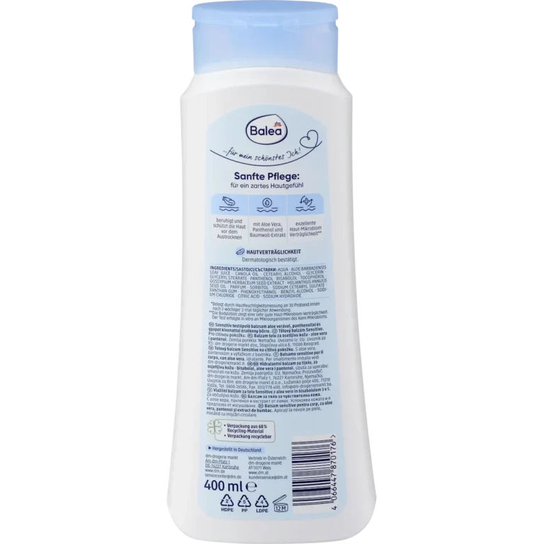 Balea Sensitive Body Balm, 400 ml Back of Balea Sensitive Body Balm 400 ml showing ingredients and product information