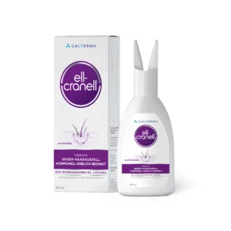 Ell-Cranell, 250 Mikrogramm/ml Alfatradiol, 100ml Ell-Cranell 250 micrograms/ml Alfatradiol scalp solution 100 ml front packaging