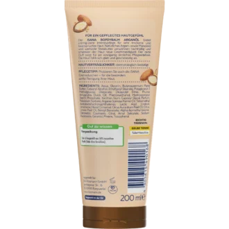 Back of ISANA Argan Oil Body Balm 200 ml showing ingredients and product information