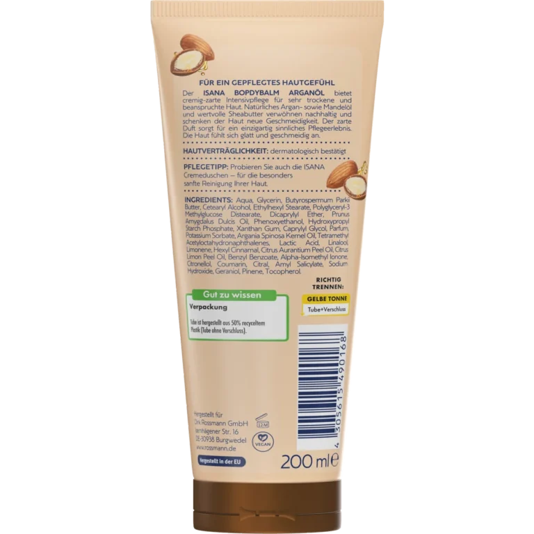 ISANA Argan Oil Body Balm, 200 ml Back of ISANA Argan Oil Body Balm 200 ml showing ingredients and product information