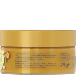 ISANA Argan Oil & Organic Orange Blossom Sugar Oil Body Scrub, 230 g Back of ISANA Argan Oil and Organic Orange Blossom Sugar Oil Body Scrub 230 g showing ingredients and product information