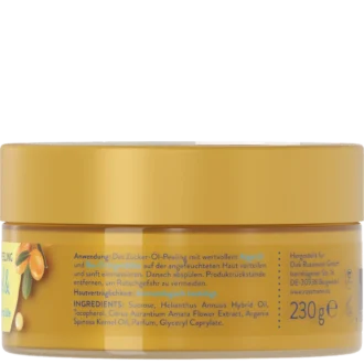 Back of ISANA Argan Oil and Organic Orange Blossom Sugar Oil Body Scrub 230 g showing ingredients and product information