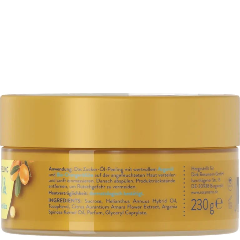 ISANA Argan Oil & Organic Orange Blossom Sugar Oil Body Scrub, 230 g Back of ISANA Argan Oil and Organic Orange Blossom Sugar Oil Body Scrub 230 g showing ingredients and product information