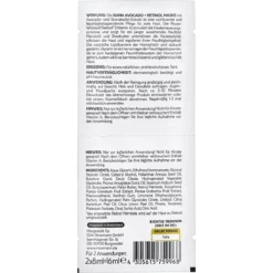 Back of ISANA Avocado & Retinol Glow Face Mask 2 x 8 ml showing ingredients and product information