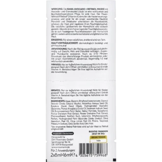 Back of ISANA Avocado & Retinol Glow Face Mask 2 x 8 ml showing ingredients and product information